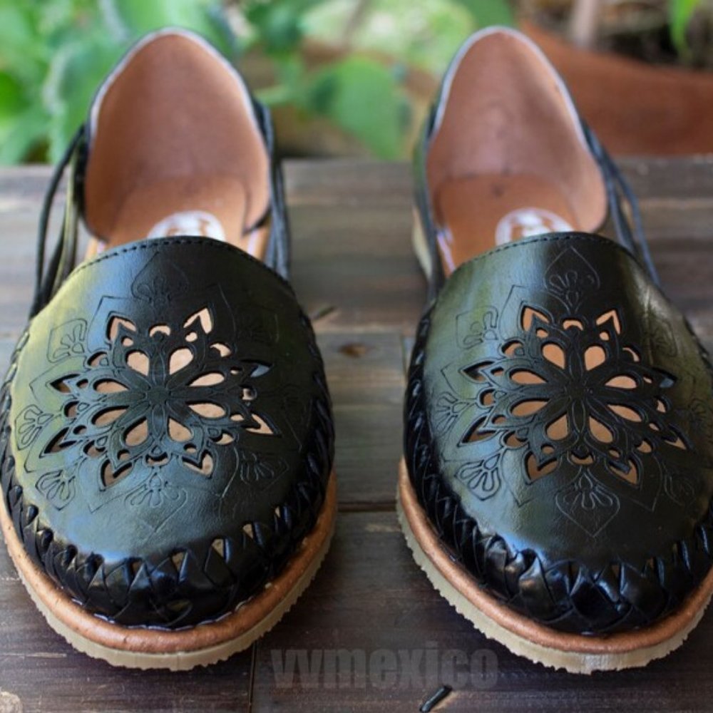 WOMENS MEXICAN SANDALS black leather handmade shoe huarache